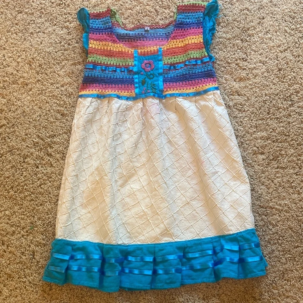 Girls' Multicolor Crochet Bodice White Dress with Turquoise Trim